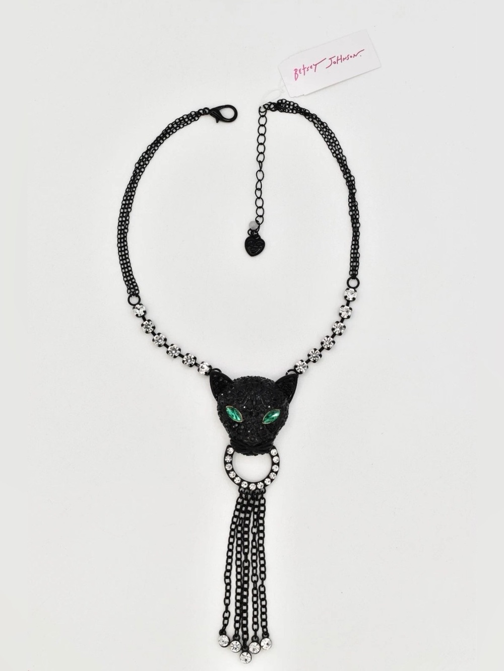 NWT ⚜️🖤⚜️ Betsey Johnson Black Panther Rhinestone Tassel Statement Necklace